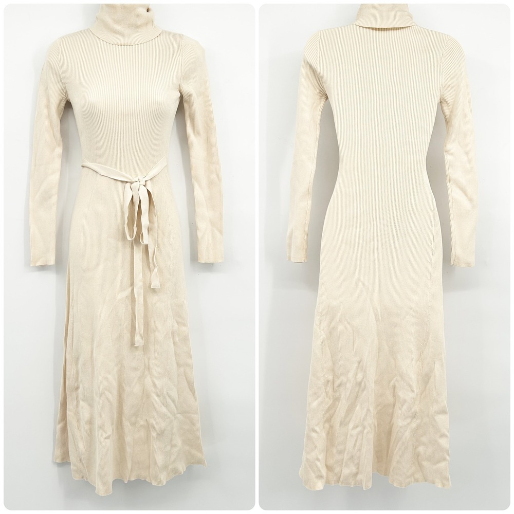 NWT Zara Womens Cream Ribbed Turtleneck Belted Quiet Luxury Knit Midi Dress S